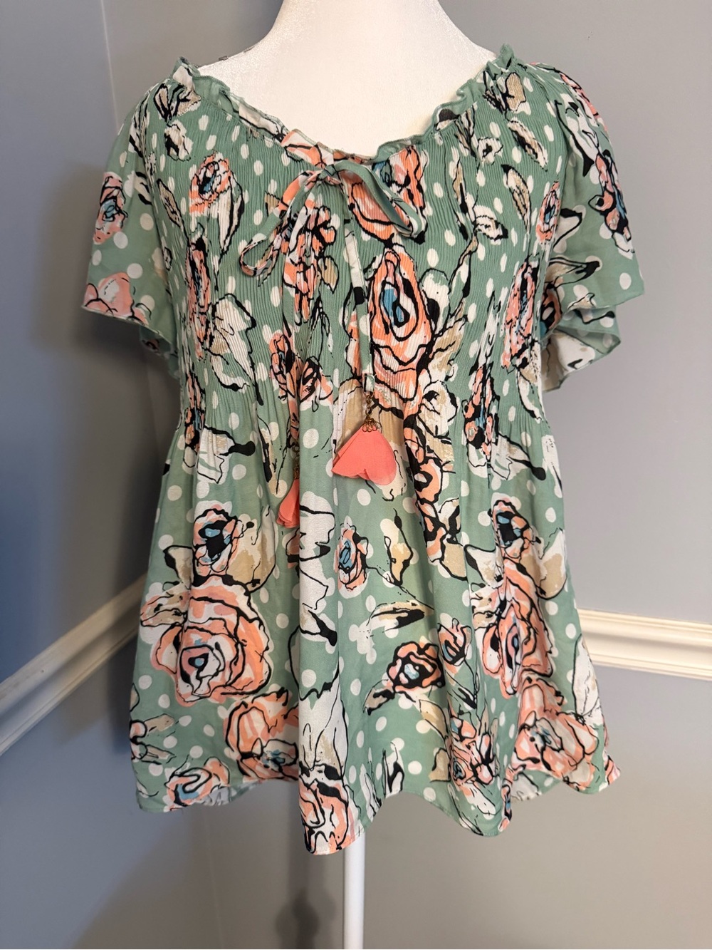 Melissa Paige Mint Green Floral Tie-Neck Peasant Top
